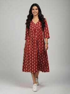 Jaipurmint Women Gown Maroon Midi/Calf Length Dress