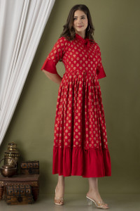 VASANT APPAREL Women Ethnic Dress Red, Beige Maxi/Full Length Dress