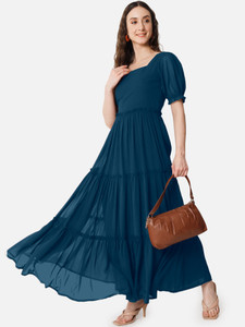 Krunal Raiyani Women Fit and Flare Blue Midi/Calf Length Dress
