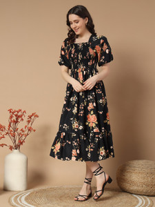Krunal Raiyani Women Fit and Flare Gold Midi/Calf Length Dress
