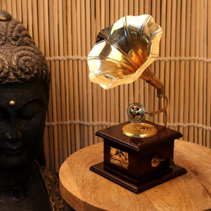 Paartha Saarthi Rajasthani Antique Vintage Brass Miniature Dummy Brass Showpiece| Room|Table Wooden Gramophone