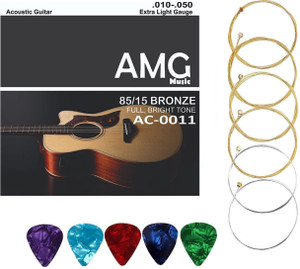 AMG Music Acoustic Guitar String for Acoustic Guitar Light Stainless Steel String Set 6 WITH NORMAL BRIGHT TONE Guitar String For Acoustic Guitar Guitar String Set with picks( Set of 6 ) Guitar String