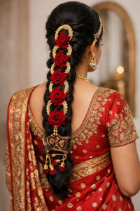 Muskan Traders Red Rose Floral Hair Garland with Gold Accents Bridal Hairstyles Braid Extension