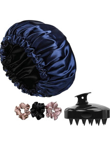 Nyala Silk Satin Hair Cap Reversible With 3 Scrunchies & Hair Scalp Massager Brush Hair Accessory Set