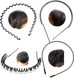 GRENZAFAB 4 Pcs Black Flexible Metal Wavy Spring Zig Zag For Unisex Men Women Hair Hoop Hair Band