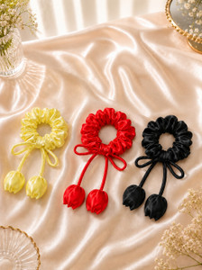 VRAJDRA SATIN TULIP SCRUNCHI(OFF WHITE, BLACK AND RED) Rubber Band