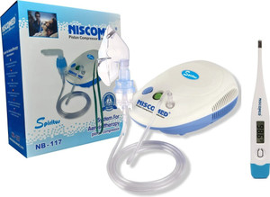 NISCOMED Professional Series Piston Nebulizer, Compressor Complete Kit Nebulizer with Child and Adult Masks With Digital Thermometer Blue & White Health Care Appliance Combo