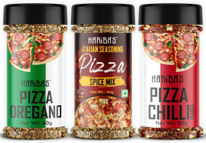 HARIBAS Italian Mix Herb Seasoning Combo Pack Chilli Flakes 50GM, Oregano 60GM and Pizza Spice Mix 60g for Pizza, Pasta Pizza Seasoning In Sprinkler Bottle