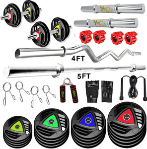 YMD 30 kg Premium Rubber Plates (2.5KGx4Pc, 5KGX4Pc) 4FT Curl 5FT STRT 28MM Rod, Clamps Home Gym Combo