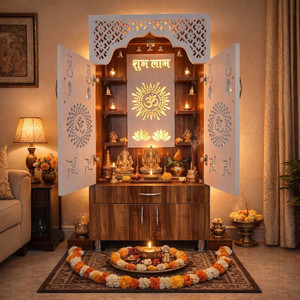 shivoja Modern Temple for Home/Pooja Mandir with Led Light Engineered Wood Home Temple