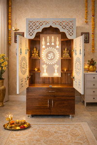 Kankveera crafts Wooden Temple For Home/Pooja Mandir with LED Backlight Engineered Wood Home Temple
