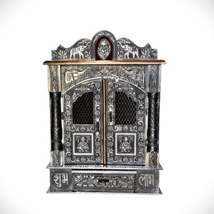 RS HANDICRAFT AND MARBLES Plywood Aluminium Oxidised COATED HOME OR OFFICE Temple Size D6 x L15 Inch Solid Wood Home Temple