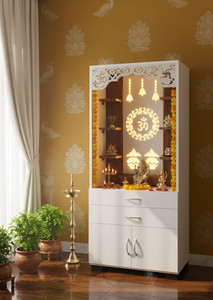 God Of Decor Home Temple | LED Lighting | Storage Drawer & Cabinet | Om & Swastika Design Engineered Wood Home Temple