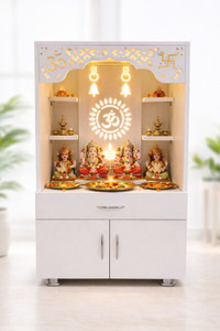 KANAKVEERA CRAFT Wooden temple/Modern Home Temple with LED Om Design Engineered Wood Home Temple