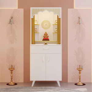 Bluewud Sharnam Pooja Mandir for Home with Storage Cabinet, Drawer & Decorative Jaali Engineered Wood Home Temple