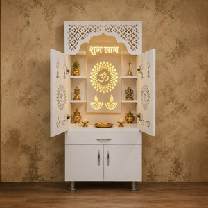 Old Wolf Furniture Big Home Temple For Home | Pooja Mandir With Doors, LED Light & Storage | White Engineered Wood Home Temple
