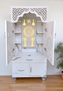 द वुडन फैक्ट्री Taj Marble home temple with LED Backlight/ Om Symbol and Swastik Design इंजीनियर वुड घर का मंदिर