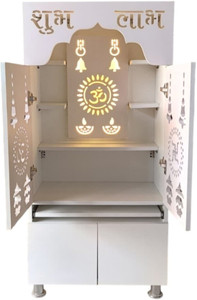 woodaari Corian Wooden Home & Office Temple with LED Lighting and "Shubh Labh" Design Engineered Wood Home Temple