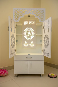 shivoja Designer Temple for Home/Pooja Mandir with Led Light and storage Engineered Wood Home Temple