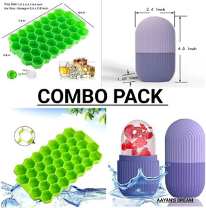 Aayans Dream Honeycomb Ice Tray (No Lid) with Purple Face Ice Roller Green, Purple Silicone Ice Cube Tray