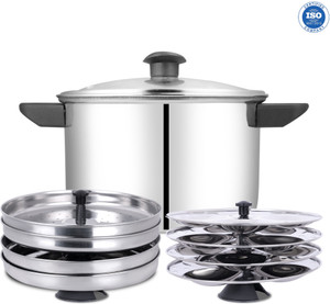होम-प्रो Stainless Steel Multi Cooker Glass lid | 4 Idli , 2 Dhokla , 2 Steamer Plates | इंडक्शन & स्टैंडर्ड इडली मेकर