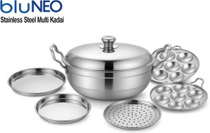 ब्लूनियो All in One Stainless Steel Multi Kadai with Lid, 2 idli ,2 dhokla,1 patra Plates इंडक्शन & स्टैंडर्ड इडली मेकर