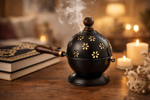 Samy Collectibles Curated With love Metal Dhoop Dani Loban Burner for Home Office Temple Puja(Round) Iron, Wooden Incense Holder