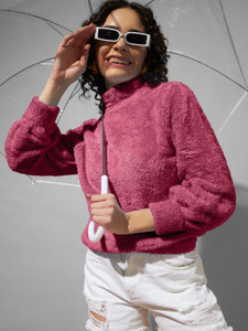 THE DRY STATE Self Design High Neck Casual Women Pink Sweater