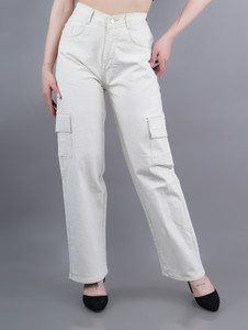 Flaring Loose Fit Women Beige Jeans