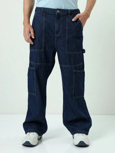BEWAKOOF Men's Blue Baggy Cargo Carpenter Loose Fit Men Blue Jeans