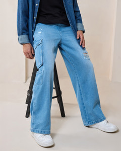 BEWAKOOF Baggy Distressed Loose Fit Men Light Blue Jeans