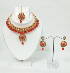 jatin imitation Metal, Stone Gold-plated Red Jewellery Set