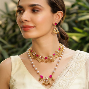 OChori Brass, Alloy Gold-plated, Brass Pink Jewellery Set