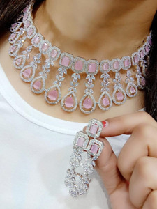 DENICRAAS Alloy Rhodium Pink Jewellery Set