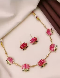 Labhumaa Alloy Gold-plated Pink, Gold Jewellery Set