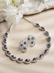 ZENEME Brass Rhodium, Silver Blue Jewellery Set