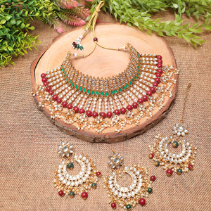 Ethnicking Alloy Gold-plated Silver, Red, Green Jewellery Set