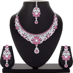 Atasi International Alloy Rhodium Pink, Silver Jewellery Set