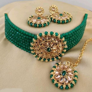 ABHRIK IMITATION Crystal Gold-plated Green, Gold Jewellery Set