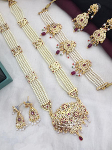 Maytreline Brass Gold-plated Gold, White, Red Jewellery Set