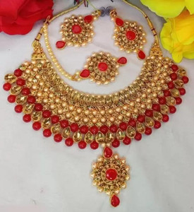 jatin imitation Metal, Stone Gold-plated Red, Gold Jewellery Set