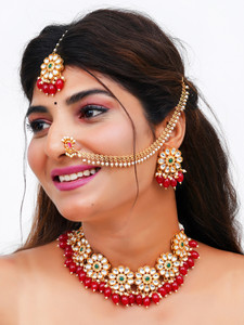 SHUBHAM JEWELLERS Brass Gold-plated Red Jewellery Set