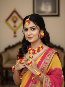 JKM Fabric Yellow, Red Jewellery Set