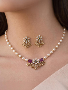 UNNATI JEWEL Brass Gold-plated White, Gold, Ruby Red Jewellery Set
