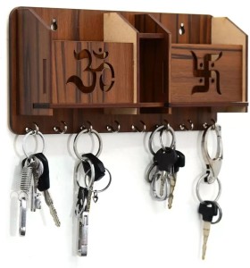 DALUCI Om Swastik Key holder with 2 Pocket Mobile stand and Pen holder Wood Key Holder