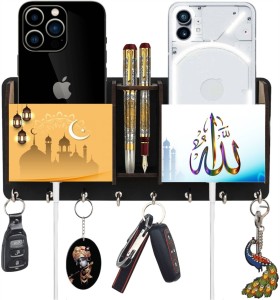 CW Crafts World Special Designer Allah Wooden 2 Pocket Mobile and Pen holder 7 Hooks Wood Key Holder