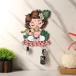 JS Art N Craft Premium Little Krishna Wooden Key Hanger For Living Room Wood Key Holder