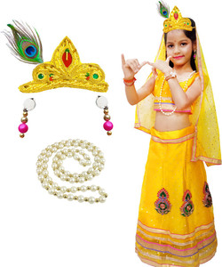 sarvda Radha Dress Lehenga Dupatta with Set of 4 Accessories Mukut Mala Kundal Morpankh Kids Costume Wear