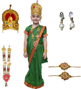 KAKU FANCY DRESSES Devi Laxmi Green Saree For Girl, Laxmi Mata Saree With Accessories - 3-4 Yrs Kids Costume Wear