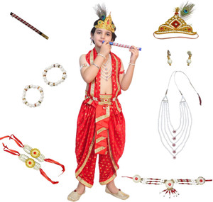 KAKU FANCY DRESSES Krishna Red Dress Janmashtami Festive Wear Set with Accessories - 3-4 Yrs Kids Costume Wear